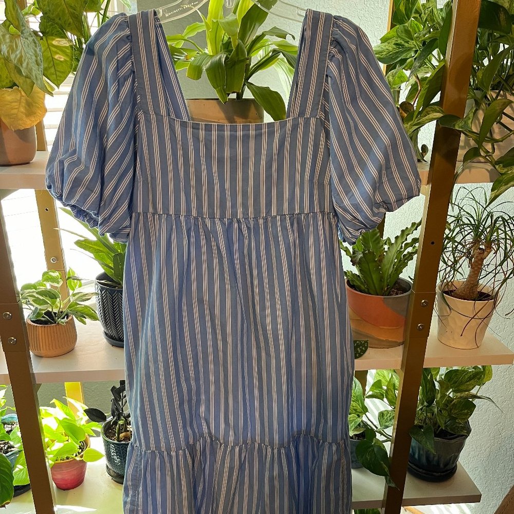 Baby Blue White Pinestripe Puff Sleeve Midi Dress - Old Navy